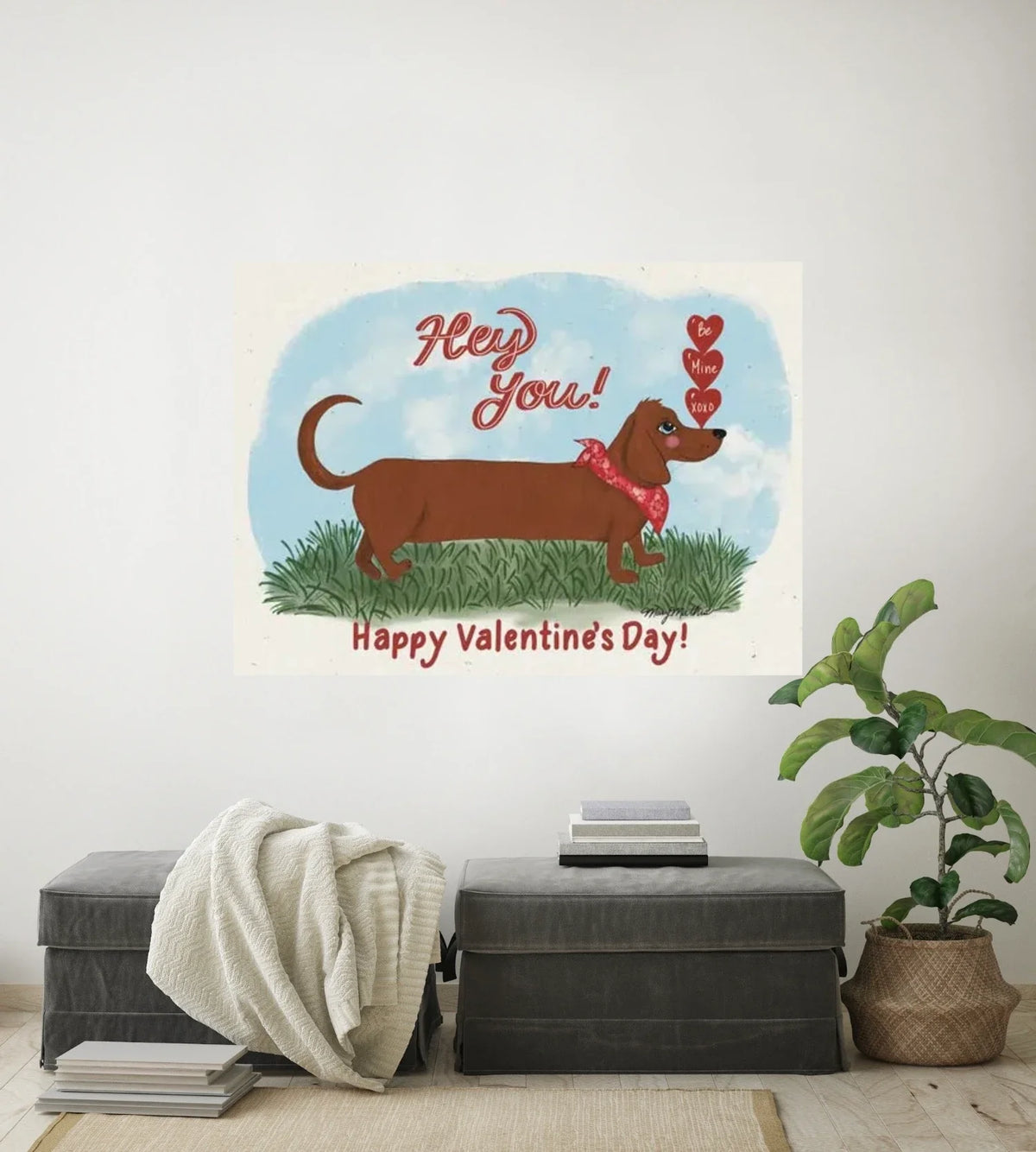Winston the Dachshund - extra large 36 x 48 unframed art print shown hanging on a wall