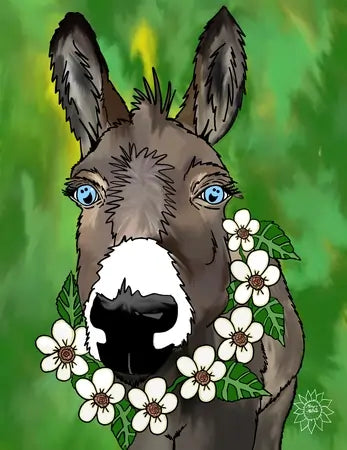 A watercolor painting of a donkey wearing a garland of white flowers.