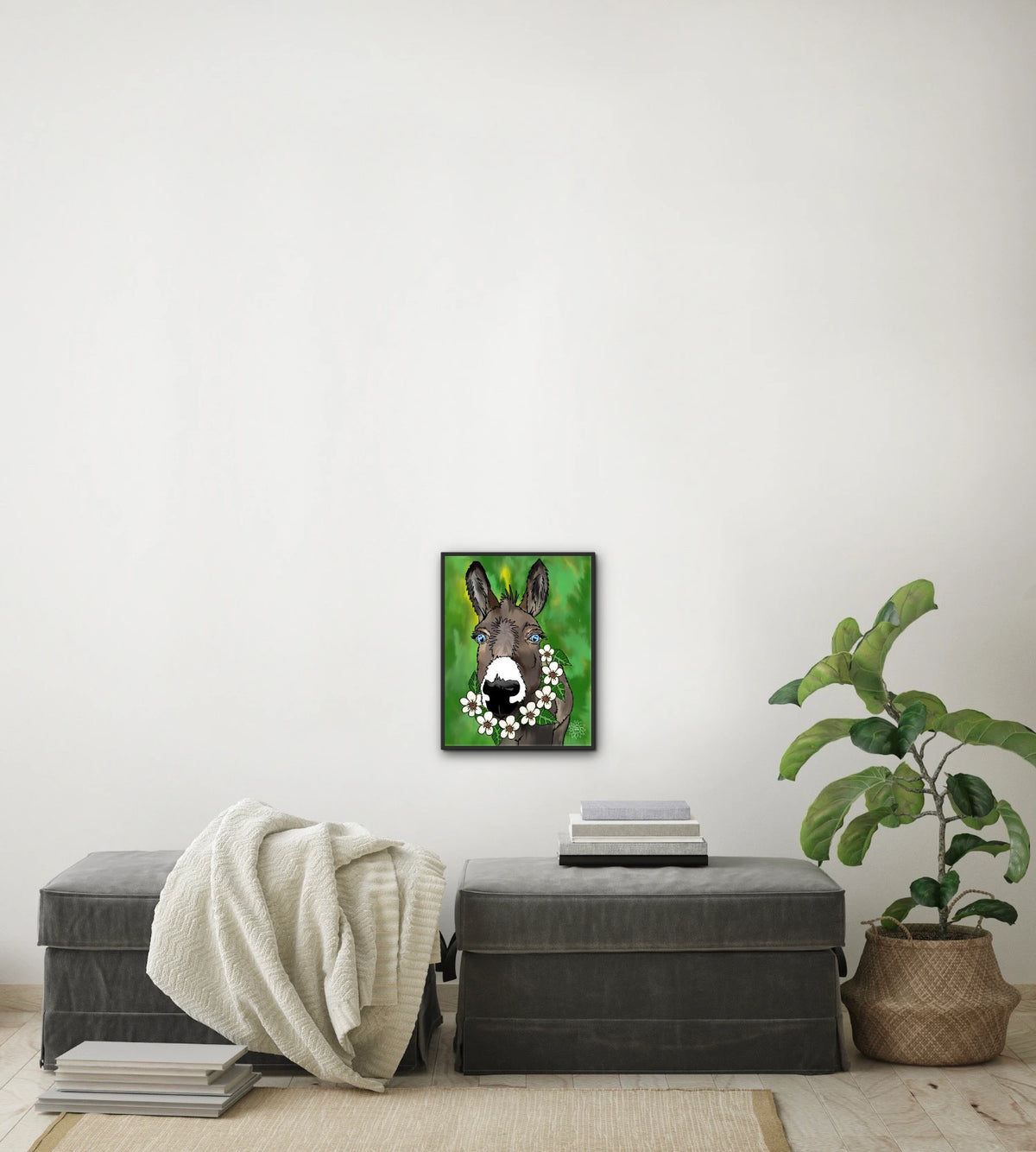 Zoey The Donkey - medium 12 x 16 framed art print shown hanging on a wall