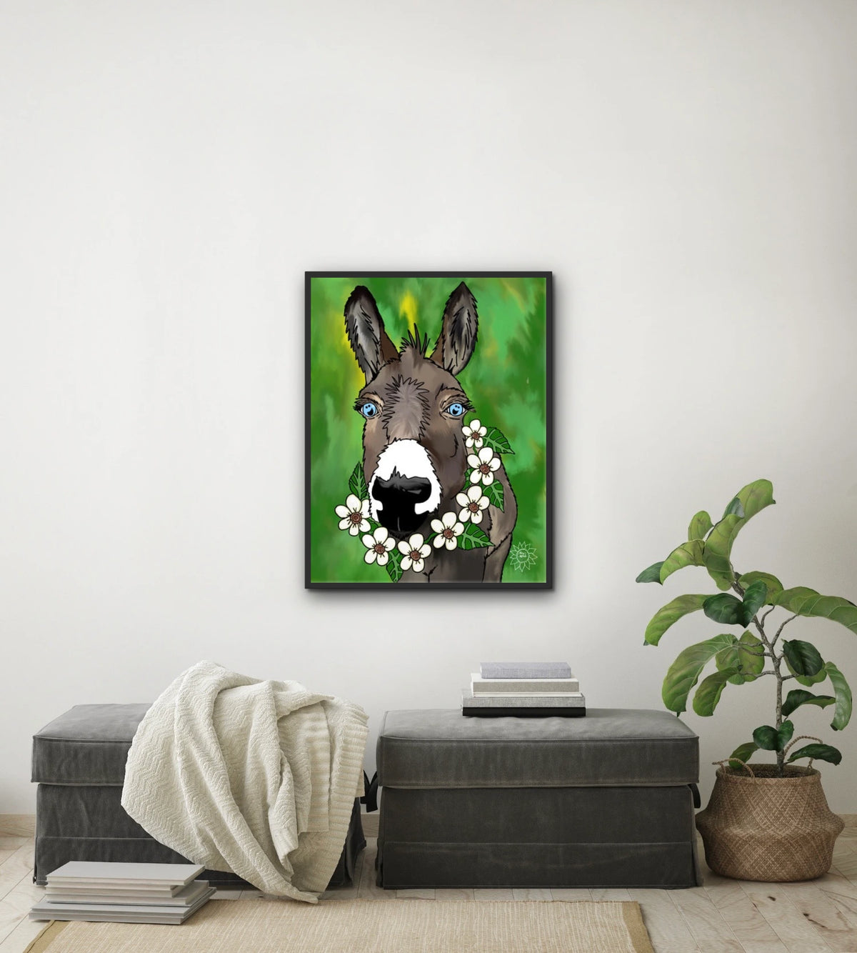 Zoey The Donkey - large 24 x 36 framed art print shown hanging on a wall