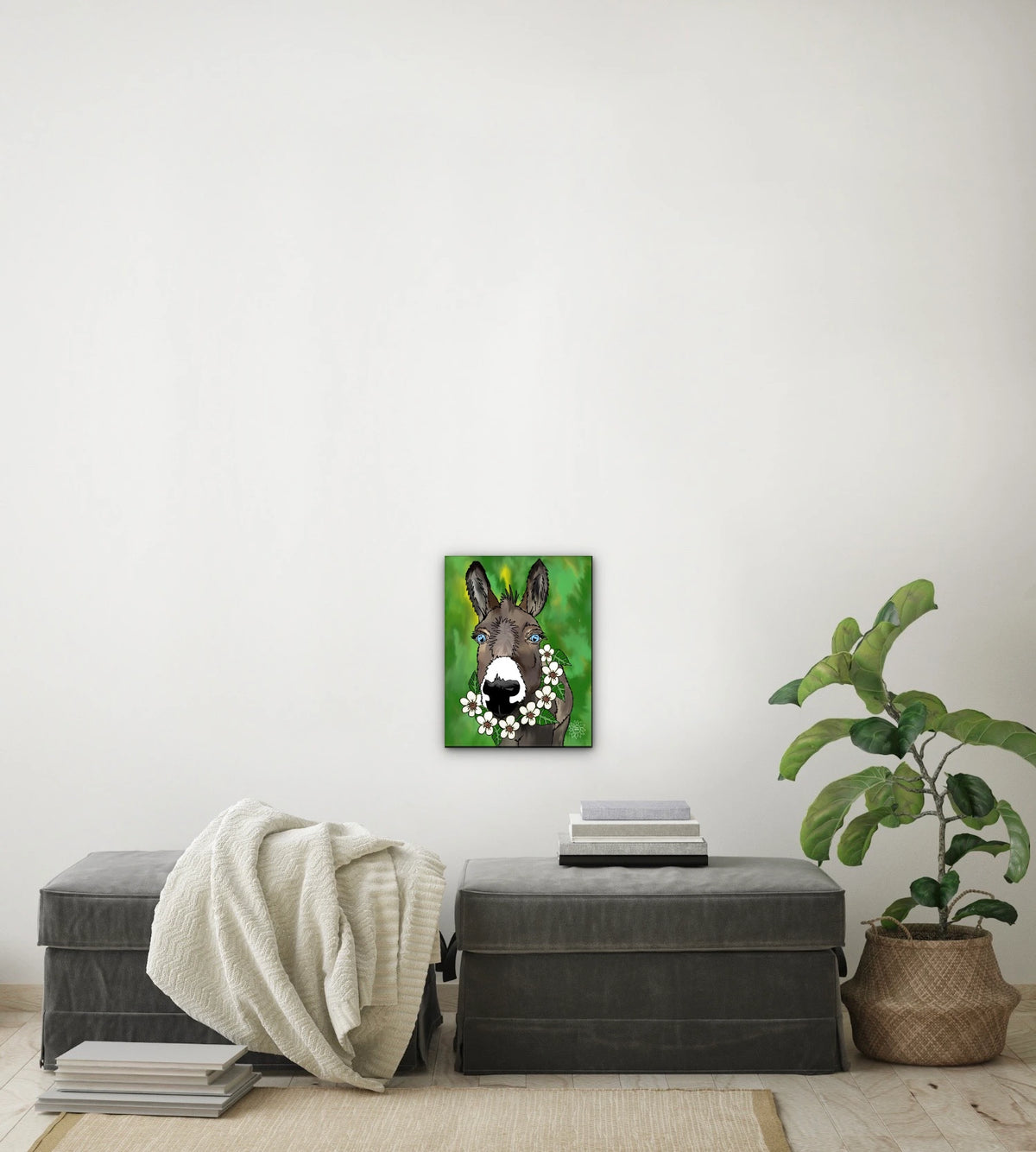 Zoey The Donkey - medium 12 x 16 unframed art print shown hanging on a wall