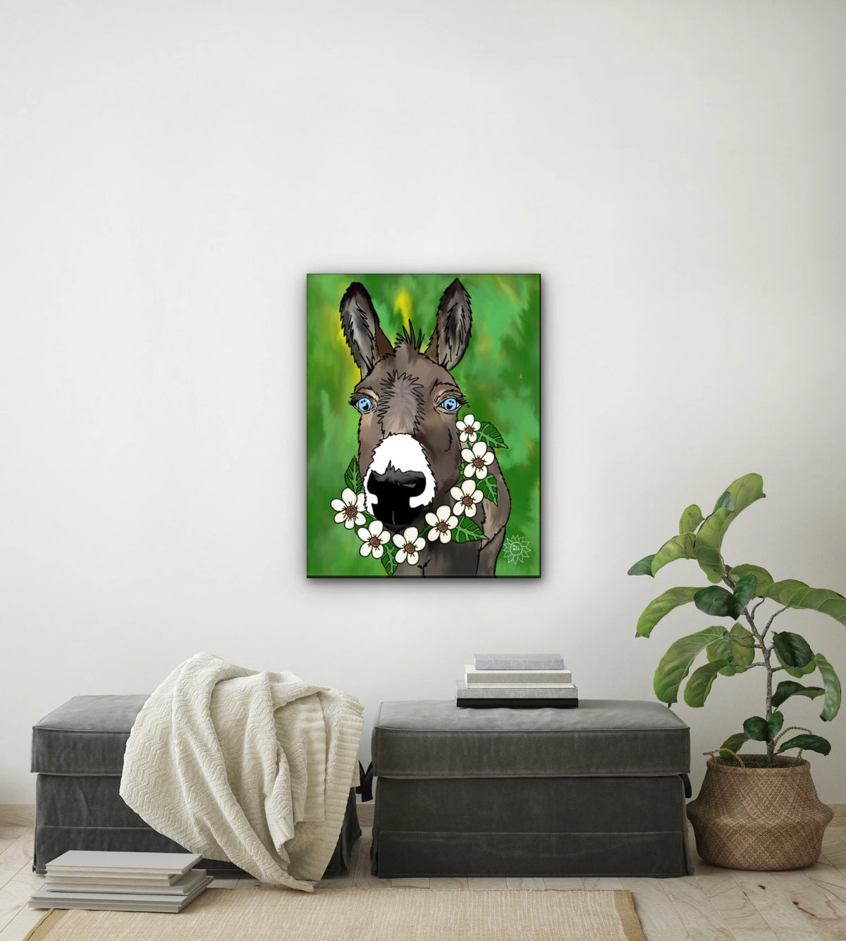 Zoey The Donkey - large 24 x 36 unframed art print shown hanging on a wall