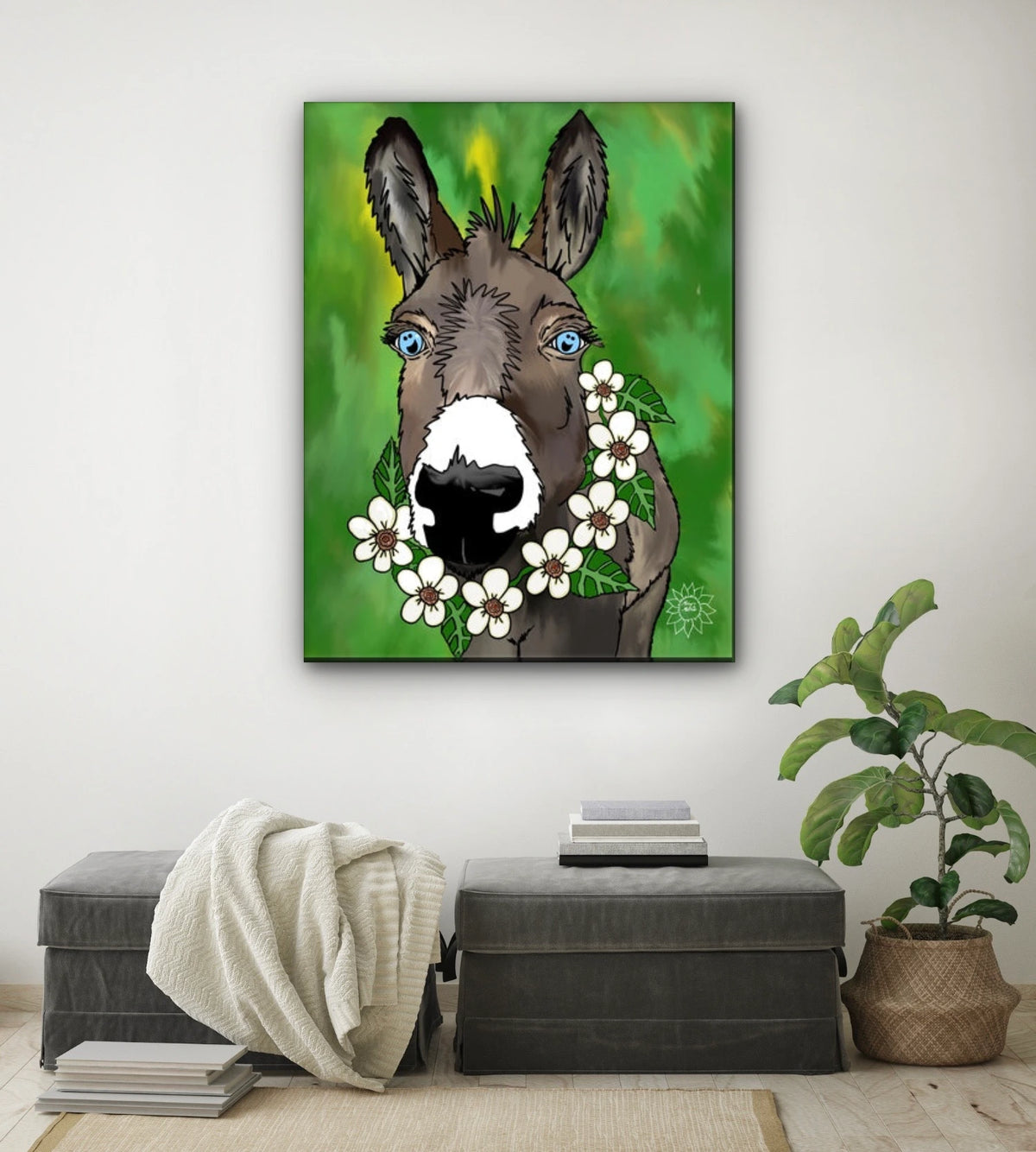 Zoey The Donkey - extra large 36 x 48 unframed art print shown hanging on a wall