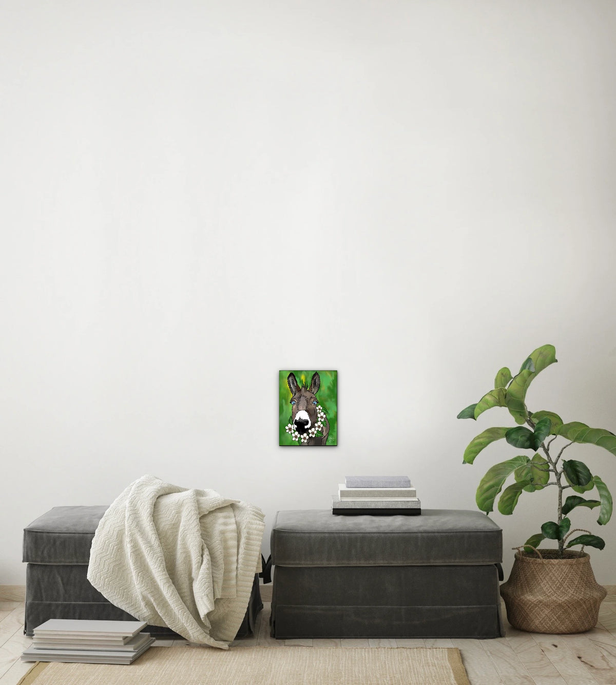 Zoey The Donkey - small 8 x 10 unframed art print shown hanging on a wall