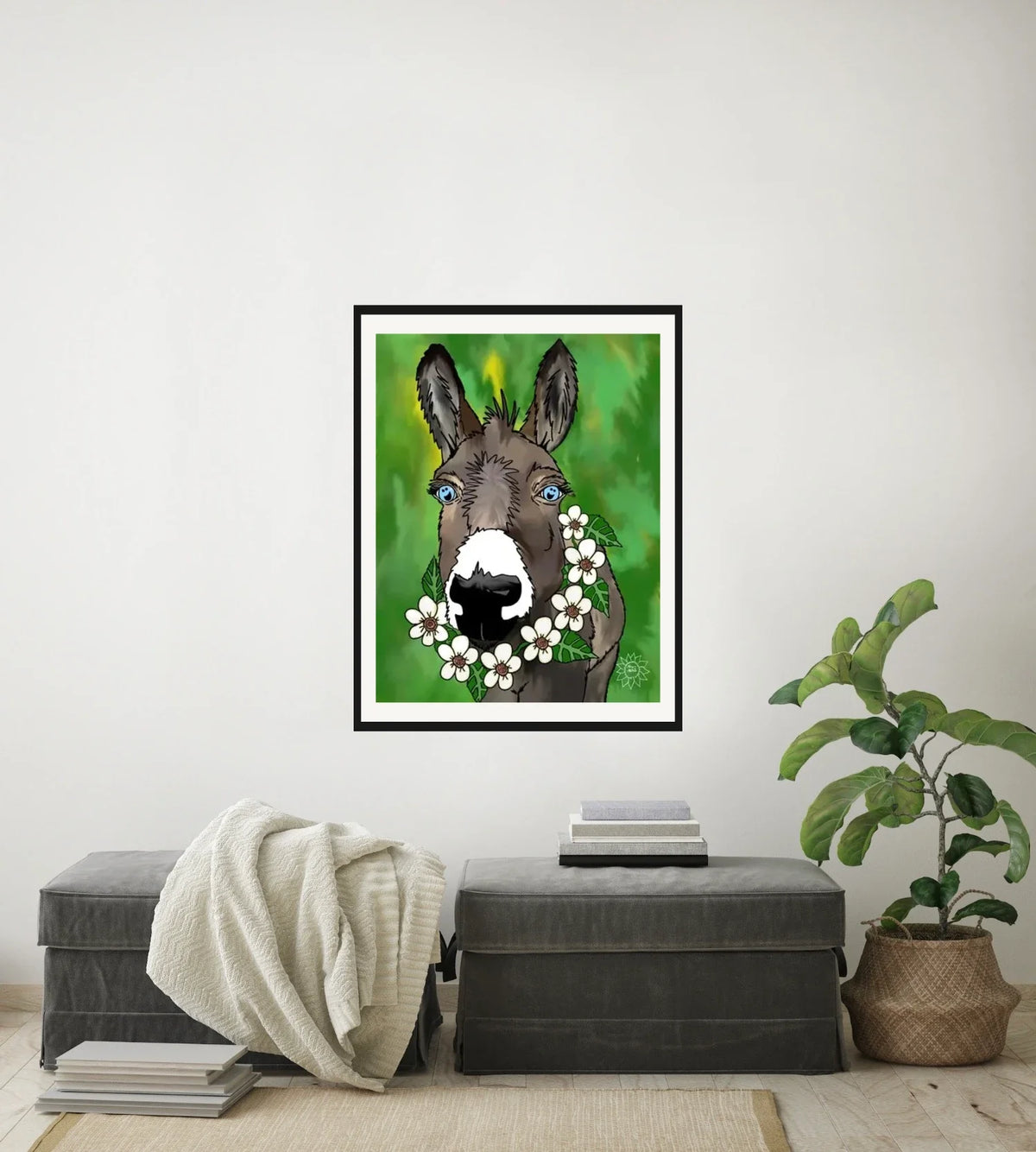 Zoey The Donkey - large 24 x 36 matted and framed art print shown hanging on a wall