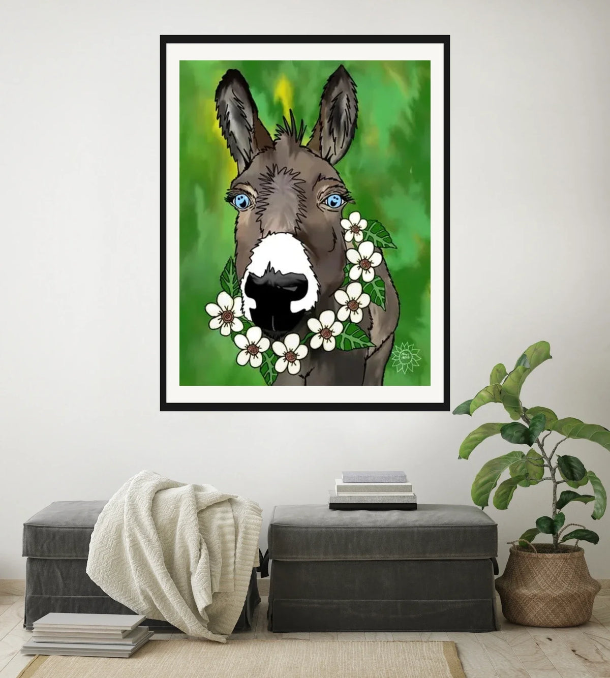 Zoey The Donkey - extra large 36 x 48 matted and framed art print shown hanging on a wall