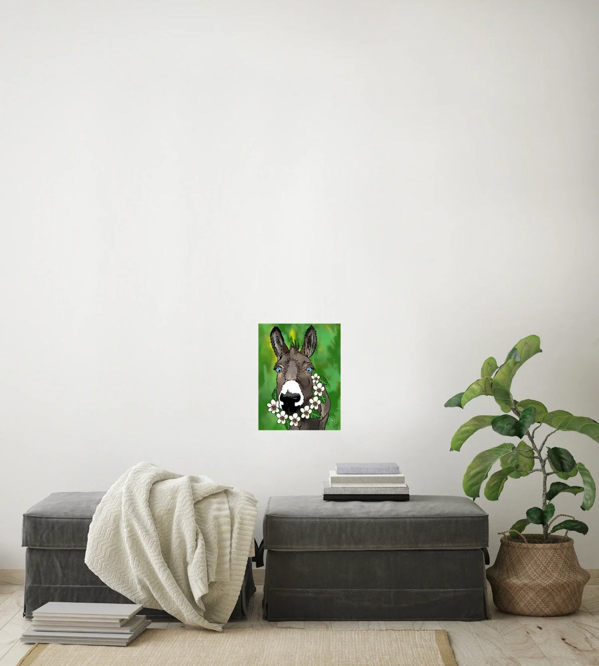 Zoey The Donkey - medium 12 x 16 unframed art print shown hanging on a wall