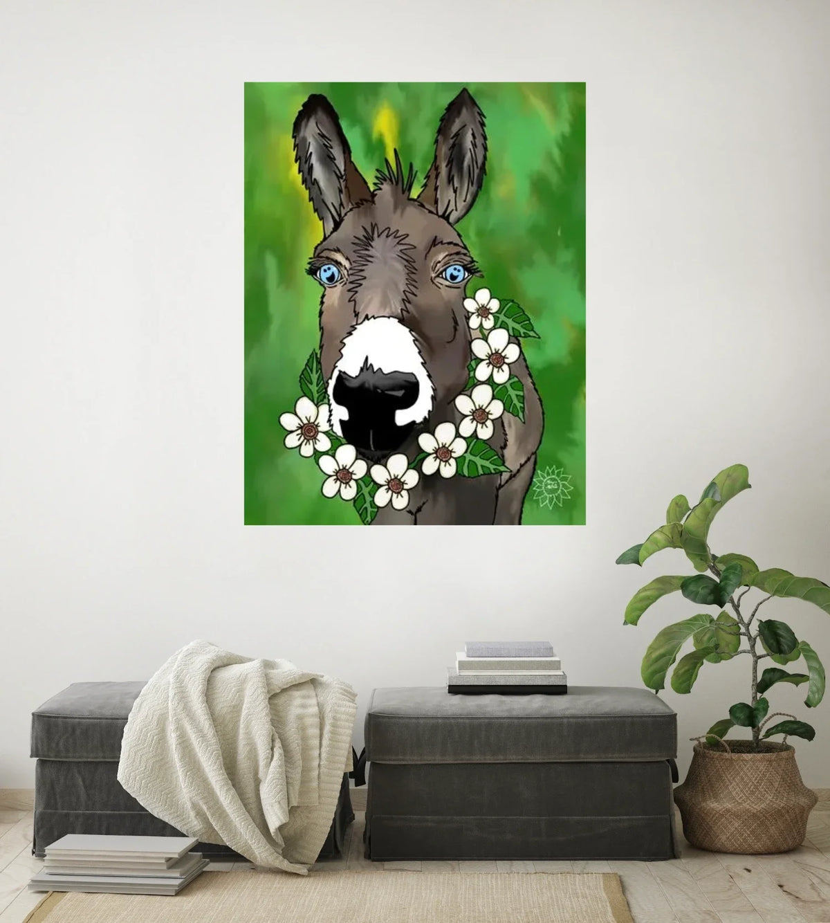 Zoey The Donkey - extra large 36 x 48 unframed art print shown hanging on a wall
