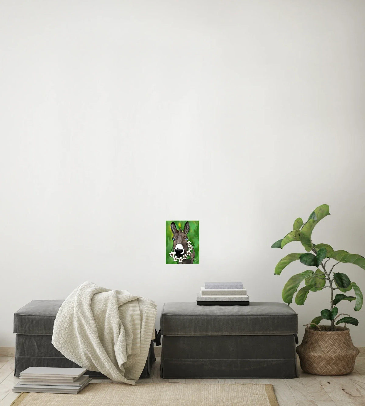 Zoey The Donkey - small 8 x 10 unframed art print shown hanging on a wall